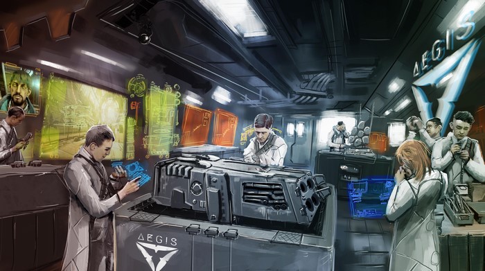 Scientists working on a large weapon in an Aegis lab