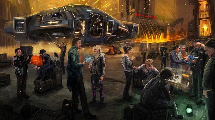 Elite: Dangerous spaceship hangar scene