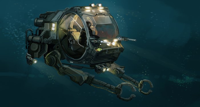 Science fiction submersible with robotic arms