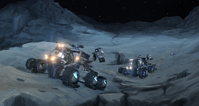 Science fiction rovers on a rocky alien planet