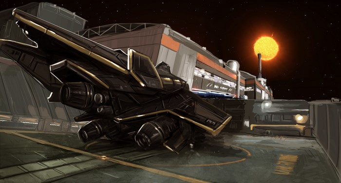 Spaceship at space station with sun, Elite: Dangerous