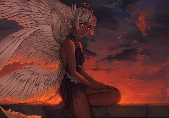 Angel with red eyes at sunset