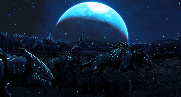 Alien creatures under a large blue moon