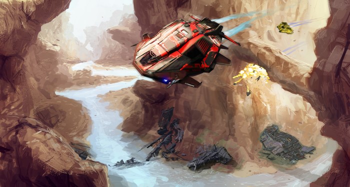 Spaceship battle in a canyon, science fiction art