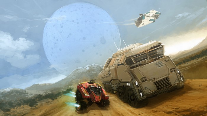 Science fiction vehicles and spaceship near a large moon