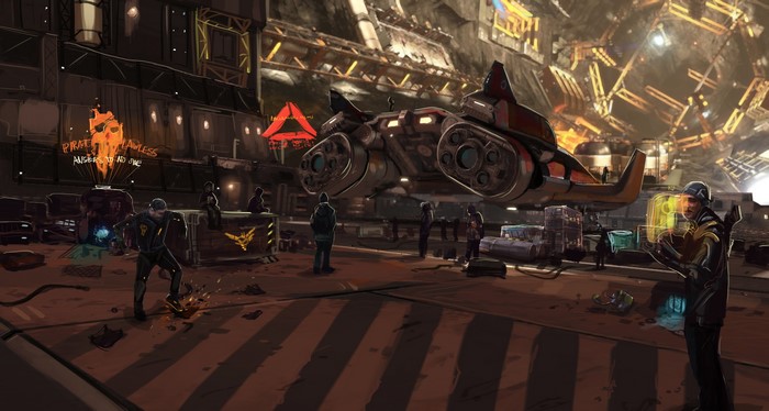 Spaceship hangar with pirates and a holographic skull in Elite: Dangerous