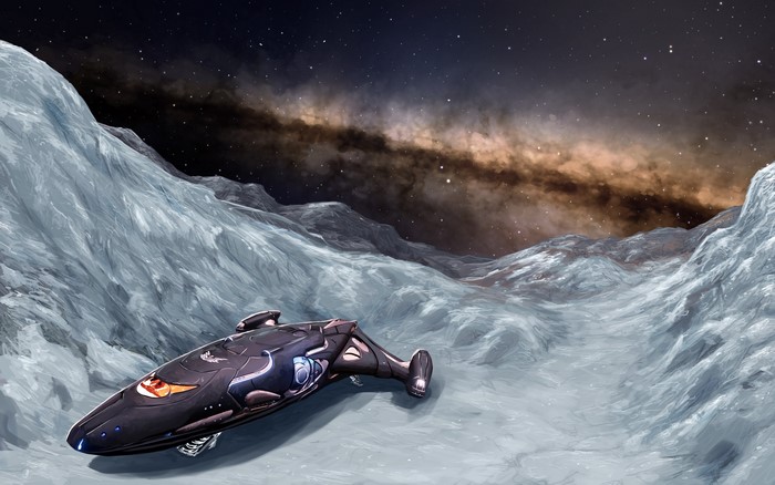 Spaceship on an icy planet in Elite: Dangerous
