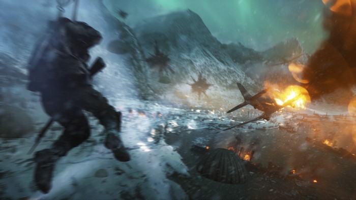 Soldier rappelling into a snowy battlefield in Battlefield V