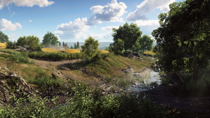 Battlefield V landscape with farmland and stream