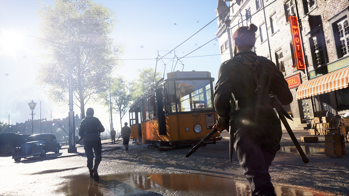 Battlefield V game art with soldiers and tram
