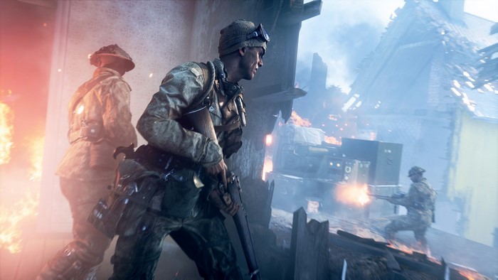Soldiers in a burning building in Battlefield V