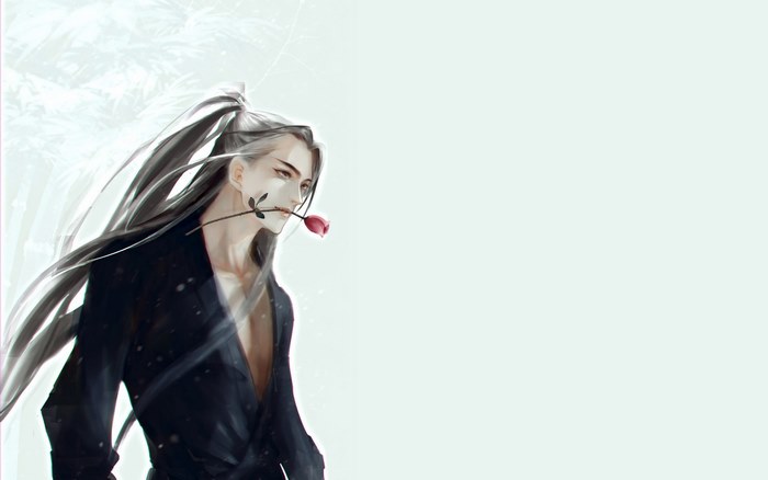Anime boy with long hair holding a rose