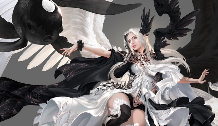 Fantasy art of a winged woman with a black fish