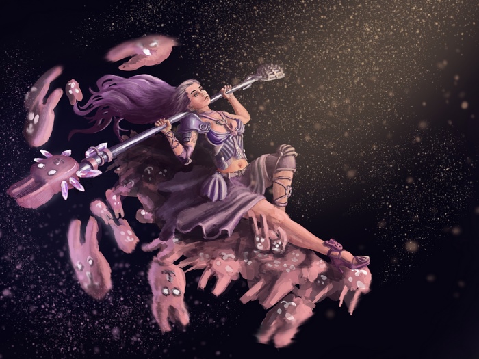 Fantasy Woman Warrior with Staff and Pink Creatures