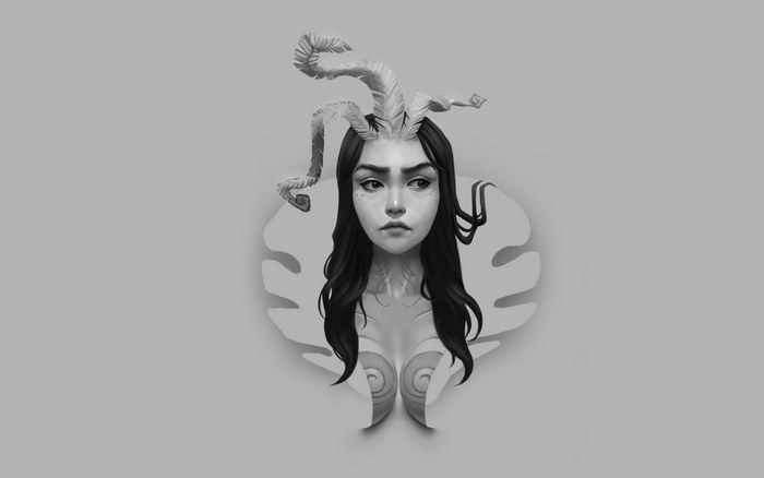 Fantasy woman with horns and long dark hair