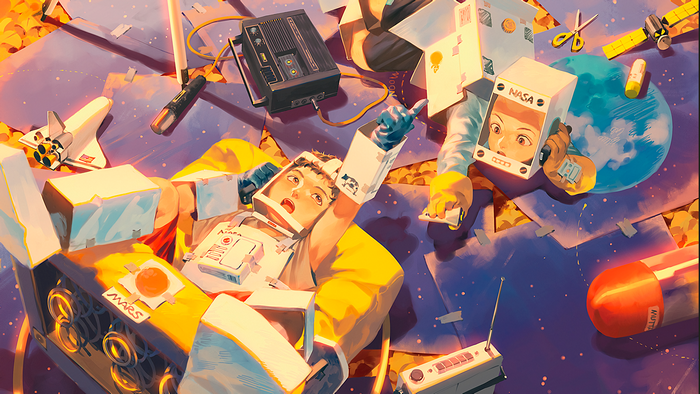 Children playing with space-themed crafts and toys