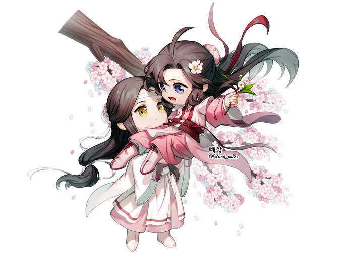 Chibi Wei Wuxian and Lan Wangji with Cherry Blossoms