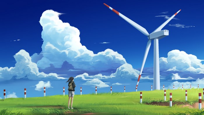 Anime girl standing in a field of wind turbines