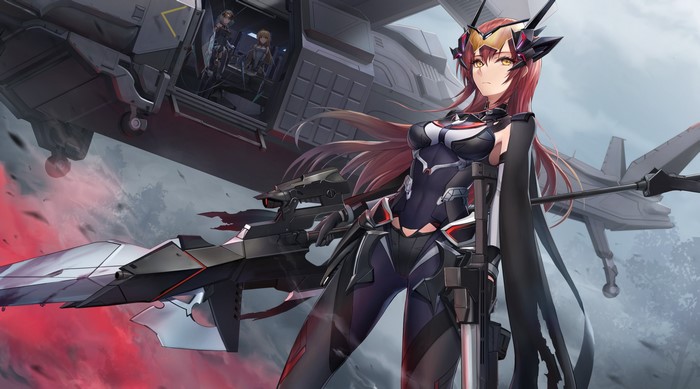 Anime girl with weapon and helicopter