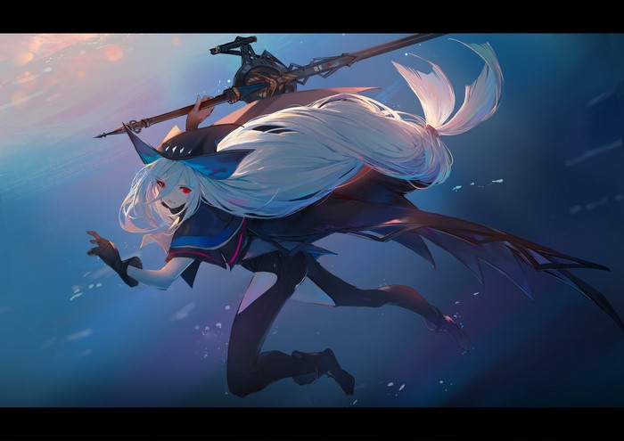 Skadi from Arknights underwater with a weapon