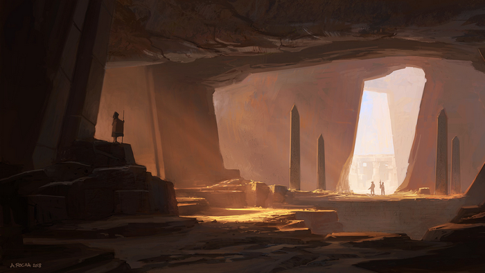 Cave interior with figures and obelisks by Andreas Rocha