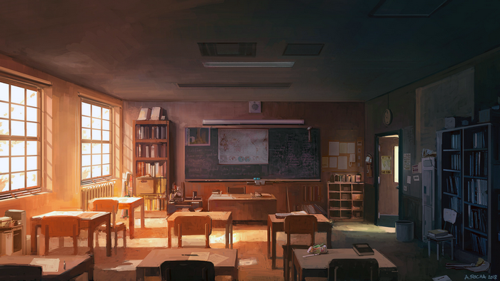 Classroom with desks, chairs, and bookshelves by Andreas Rocha