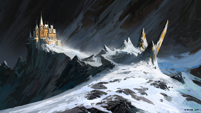Castle on a snowy mountain by Andreas Rocha