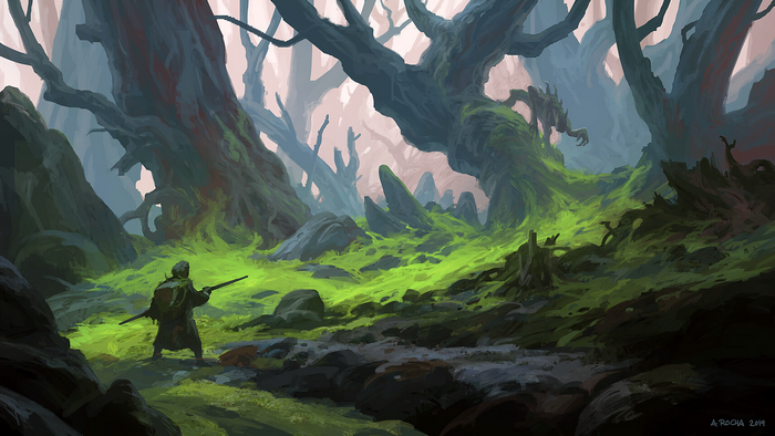 Fantasy creature in a dark, mossy forest with a lone figure