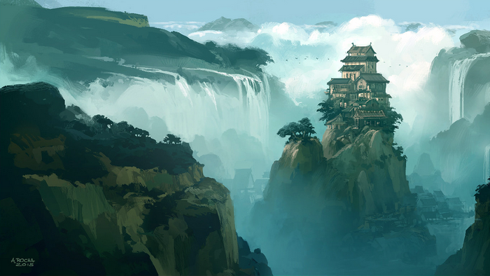 Digital painting of a castle on a mountain with waterfalls