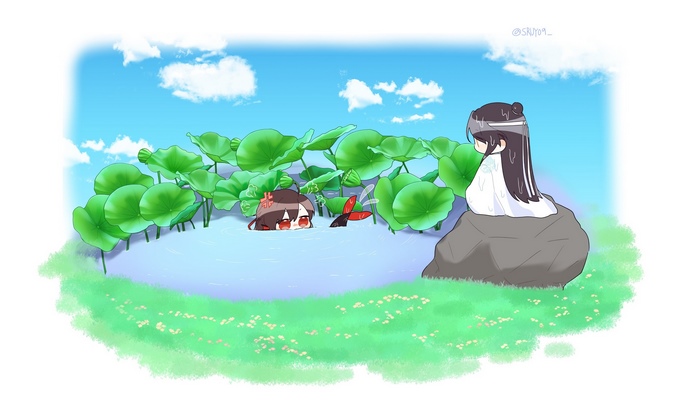 Lan Wangji and Wei Ying in a lotus pond