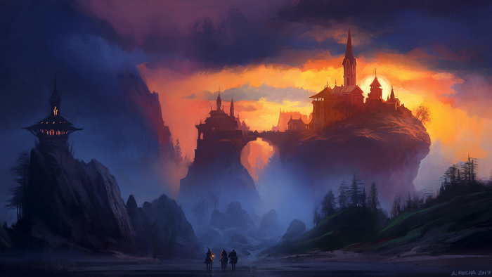Fantasy castle landscape with riders at sunset by Andreas Rocha