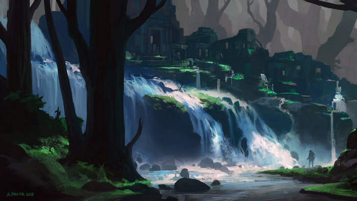 Ruins and waterfalls in a dark forest by Andreas Rocha