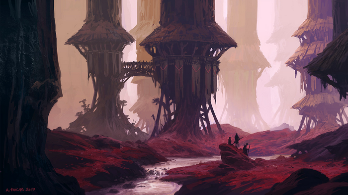 Fantasy landscape with tree dwellings and figures by Andreas Rocha