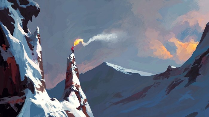 Climber with flare on snowy mountain peak