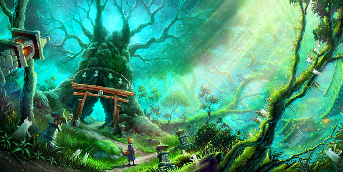 Fantasy forest with torii gate and fox spirit