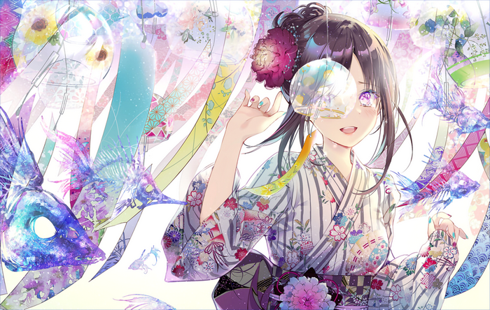 Anime girl in yukata with Tanabata decorations