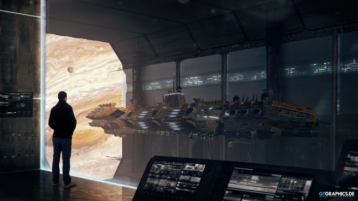 Man in hangar looking at Jupiter and battleships