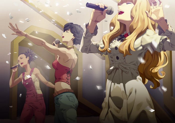 Carole & Tuesday singing on stage with confetti