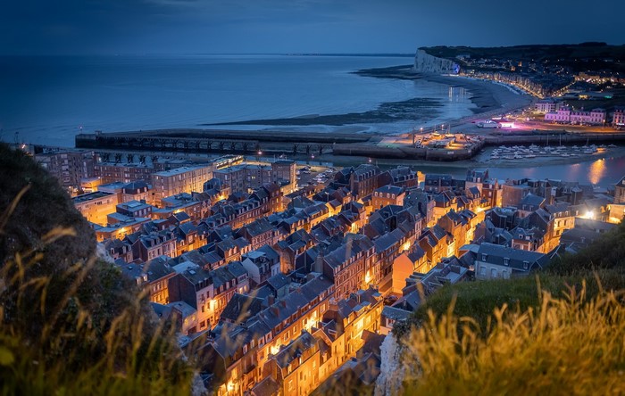 Town lights at night in Normandie, France