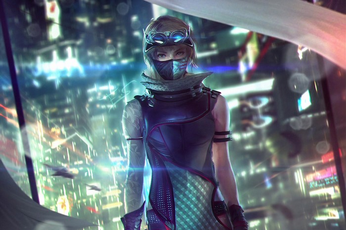 Cyberpunk ninja girl in futuristic city