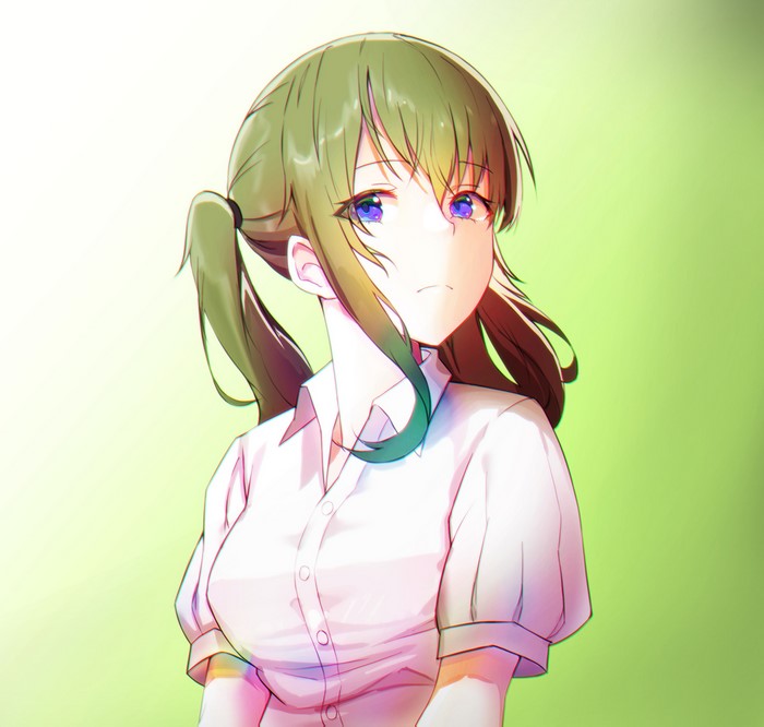 Anime girl with green hair and purple eyes