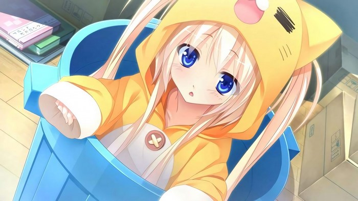 Anime girl in a yellow kigurumi inside a blue trash can