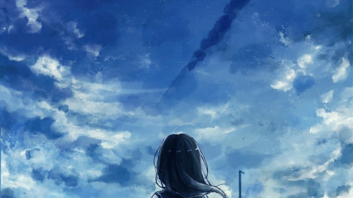 Anime girl looking at the sky with clouds
