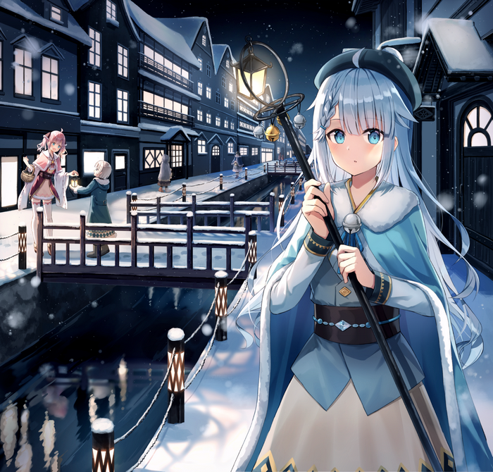 Anime girls in winter town with canal