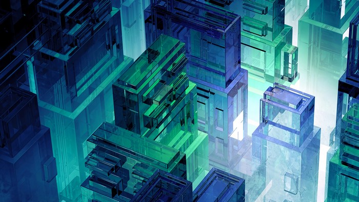 Abstract 3D digital art with cyan and blue geometric shapes
