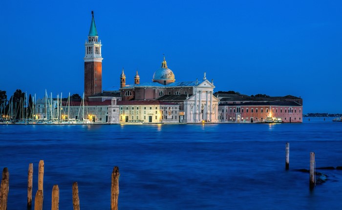 San Giorgio Maggiore church and bell tower in Venice at dusk