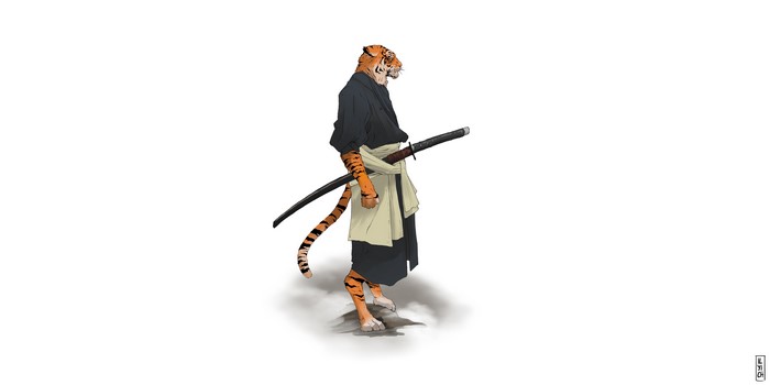 Samurai Tiger Warrior with Katana on White Background