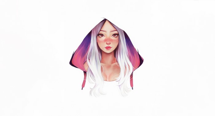 Fantasy girl with white hair and pink hoodie