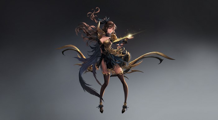 Fantasy girl with golden armor and dark dress