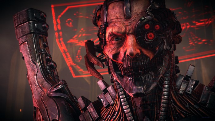 Cyborg with mechanical arm and red glowing symbols